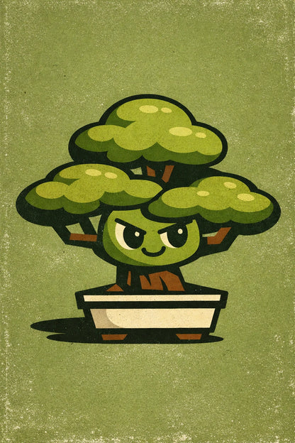 Example output from the Vector Stoic Character Designs ChatGPT prompt: a mid-century vector tree mascot in clean geometric shapes with vintage print texture.