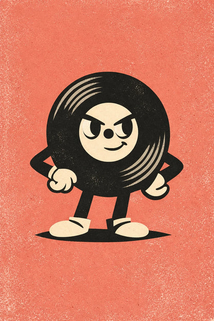 Example output from the Vector Stoic Character Designs ChatGPT prompt: a mid-century vector vinyl record mascot with arms and legs on a textured red background.