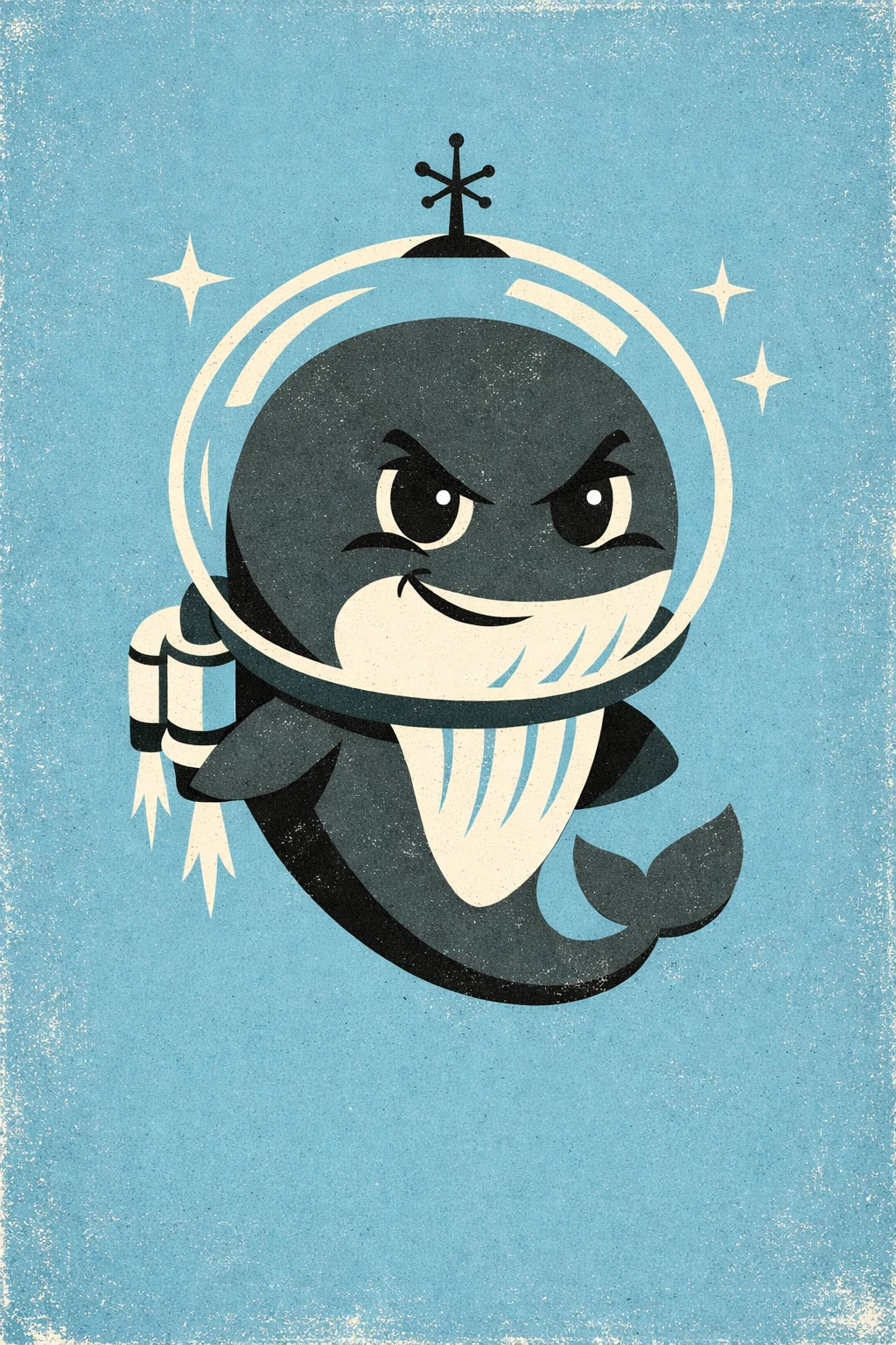 Example output from the Vector Stoic Character Designs ChatGPT prompt: a mid-century vector whale mascot wearing a space helmet and jetpack on a textured blue background.