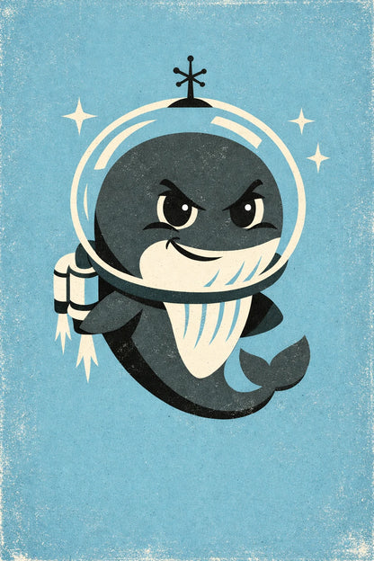 Example output from the Vector Stoic Character Designs ChatGPT prompt: a mid-century vector whale mascot wearing a space helmet and jetpack on a textured blue background.