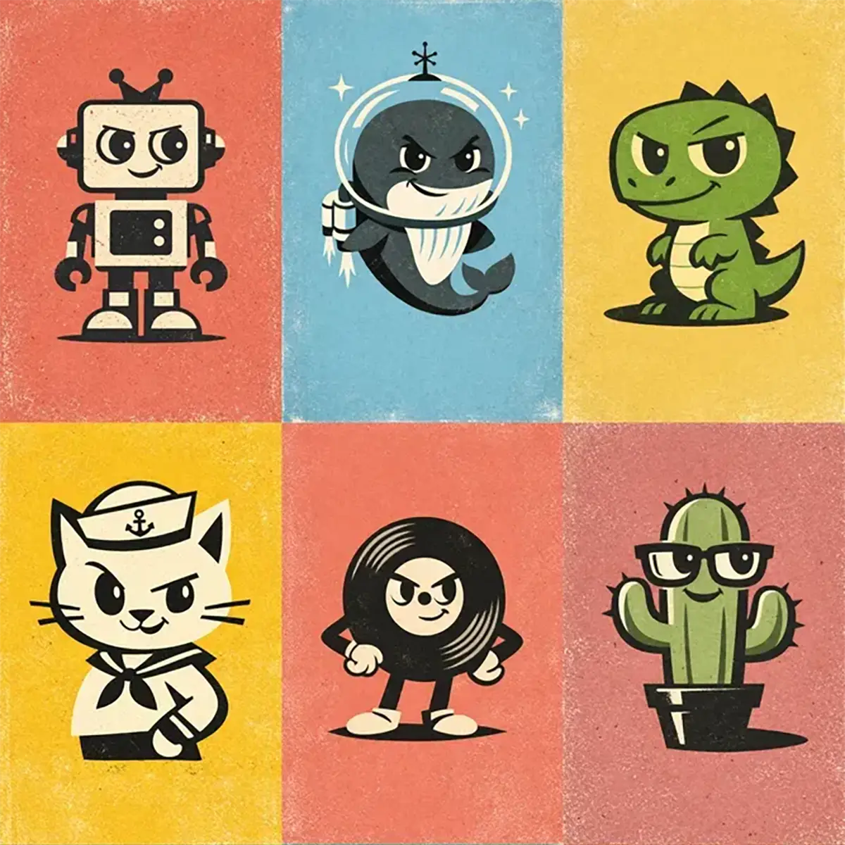 Example output from the Vector Stoic Character Designs ChatGPT prompt: a six-panel grid of mid-century vector mascots on flat textured color blocks, showing a tin robot, whale in a space helmet, dinosaur, sailor cat, vinyl record character and a cactus in glasses.