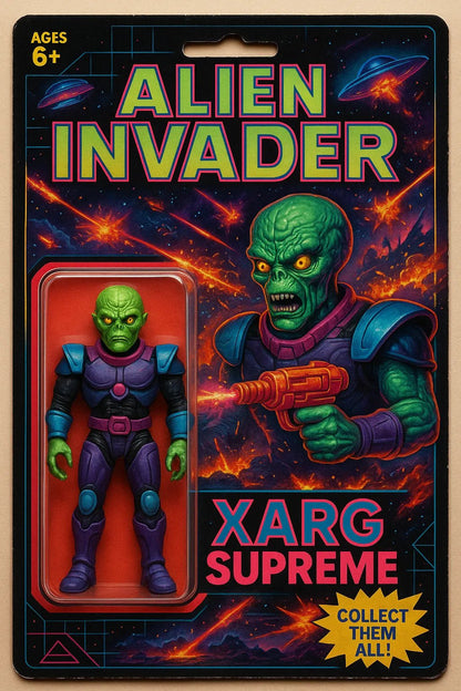 Example output from the Vintage Action Figure Packaging Boxes ChatGPT prompt: nostalgic toy packaging designs styled like 80s and 90s action figures. Alien Invader.