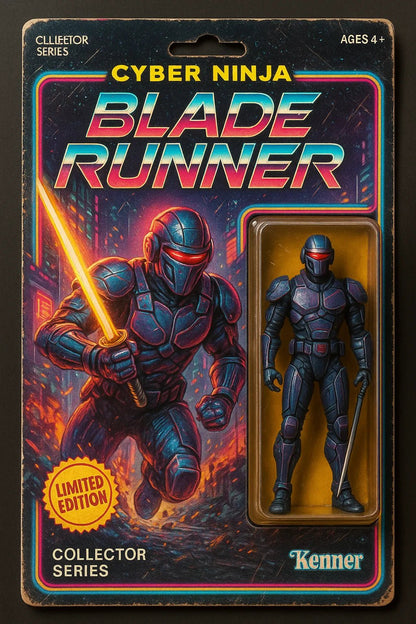 Example output from the Vintage Action Figure Packaging Boxes ChatGPT prompt: nostalgic toy packaging designs styled like 80s and 90s action figures. Blade Runner.