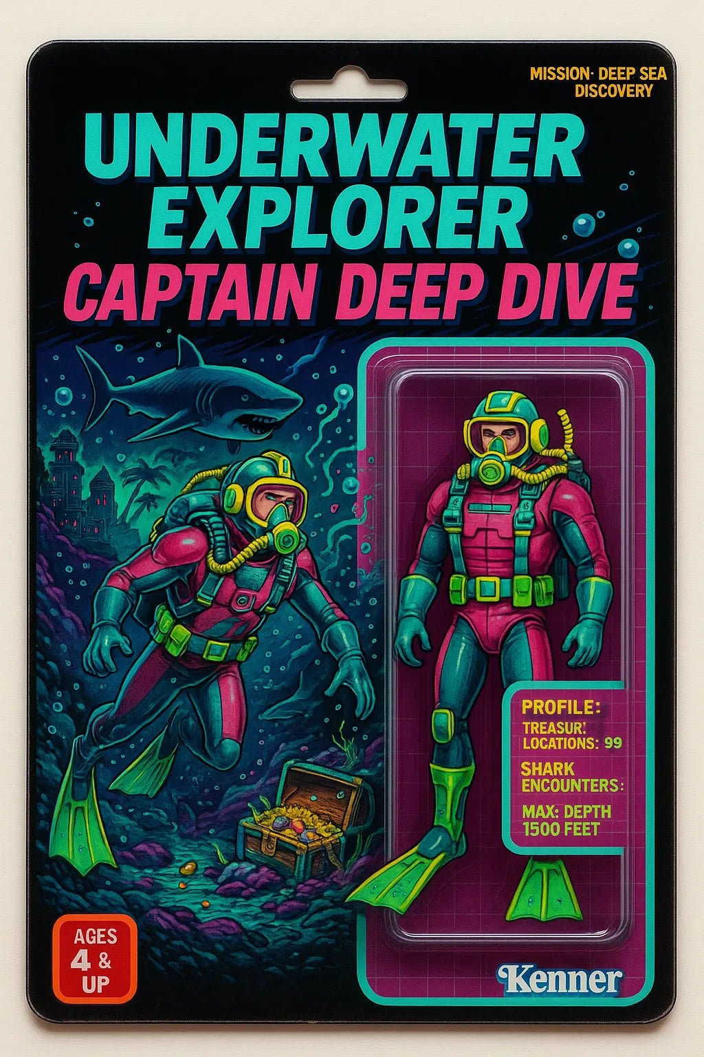 Example output from the Vintage Action Figure Packaging Boxes ChatGPT prompt: nostalgic toy packaging designs styled like 80s and 90s action figures. Captain Deep Dive.