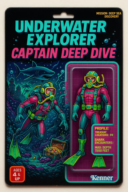 Example output from the Vintage Action Figure Packaging Boxes ChatGPT prompt: nostalgic toy packaging designs styled like 80s and 90s action figures. Captain Deep Dive.