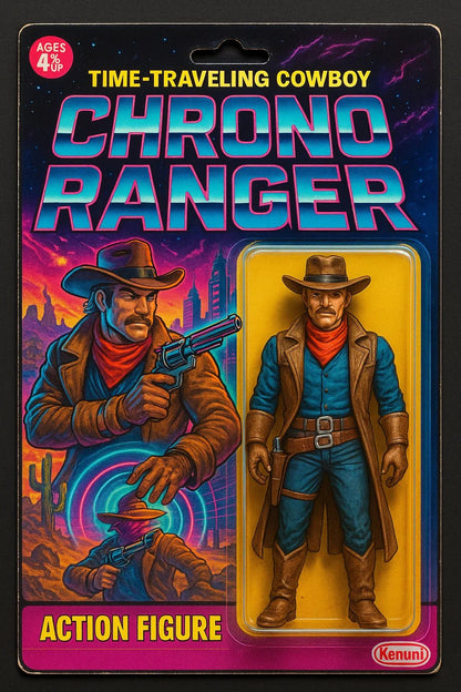 Example output from the Vintage Action Figure Packaging Boxes ChatGPT prompt: nostalgic toy packaging designs styled like 80s and 90s action figures. Chrono Ranger.