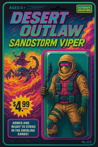 Example output from the Vintage Action Figure Packaging Boxes ChatGPT prompt: nostalgic toy packaging designs styled like 80s and 90s action figures. Desert Outlaw.
