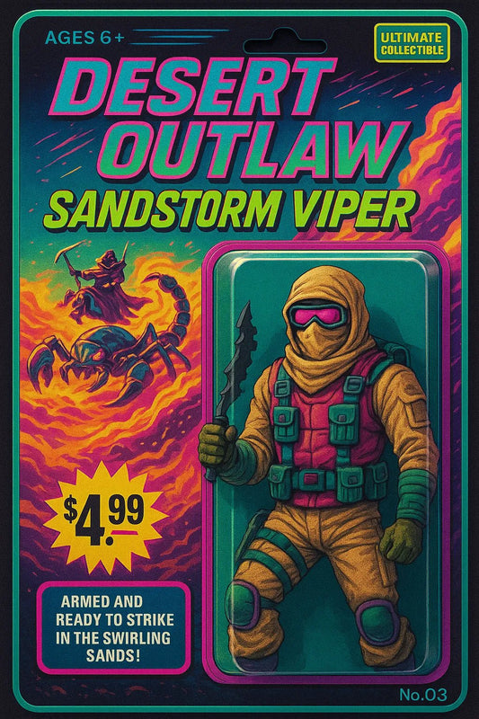 Example output from the Vintage Action Figure Packaging Boxes ChatGPT prompt: nostalgic toy packaging designs styled like 80s and 90s action figures. Desert Outlaw.