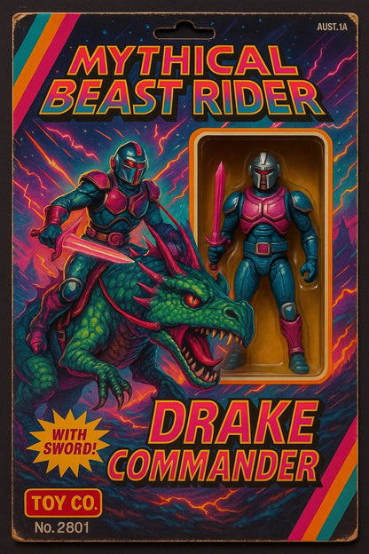 Example output from the Vintage Action Figure Packaging Boxes ChatGPT prompt: nostalgic toy packaging designs styled like 80s and 90s action figures. Mythical Beast Rider.