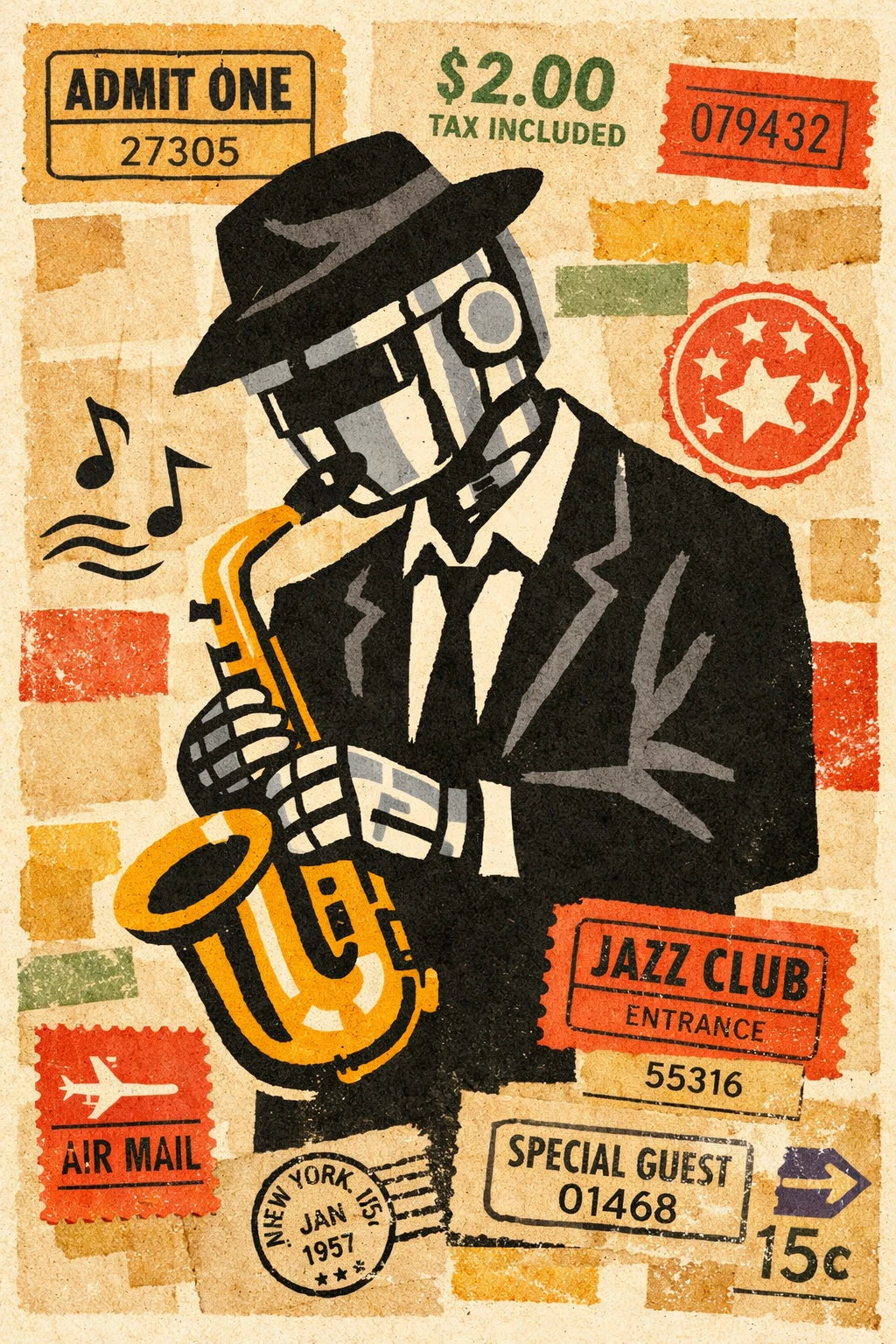 Example output from the Vintage Character Portrait Posters ChatGPT prompt: a retro collage portrait of a chrome robot in a suit and hat playing a saxophone over jazz club ticket stubs.
