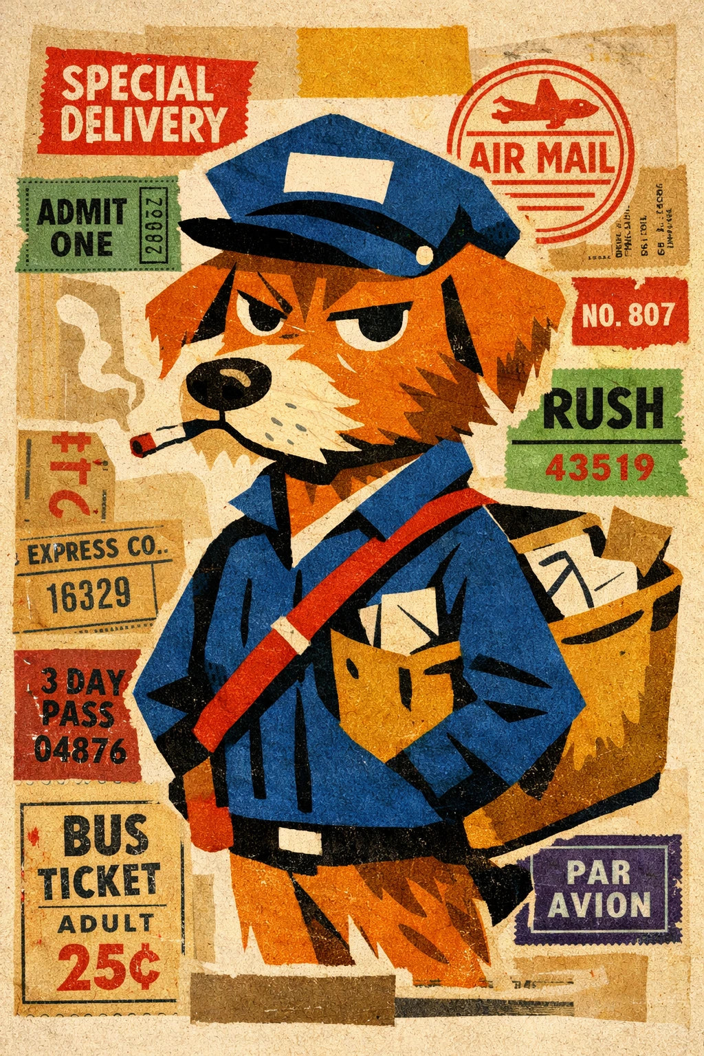 Example output from the Vintage Character Portrait Posters ChatGPT prompt: a retro collage portrait of a dog postman in uniform with a mail satchel over special delivery stamps.