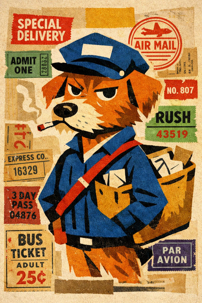 Example output from the Vintage Character Portrait Posters ChatGPT prompt: a retro collage portrait of a dog postman in uniform with a mail satchel over special delivery stamps.