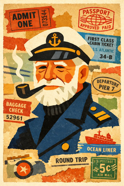 Example output from the Vintage Character Portrait Posters ChatGPT prompt: a retro collage portrait of an elderly sailor with bold shapes, collage textures and vintage ticket ephemera.