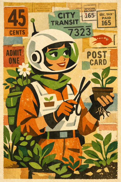 Example output from the Vintage Character Portrait Posters ChatGPT prompt: a retro collage portrait of a futuristic botanist in a bubble helmet holding a seedling over transit tickets.