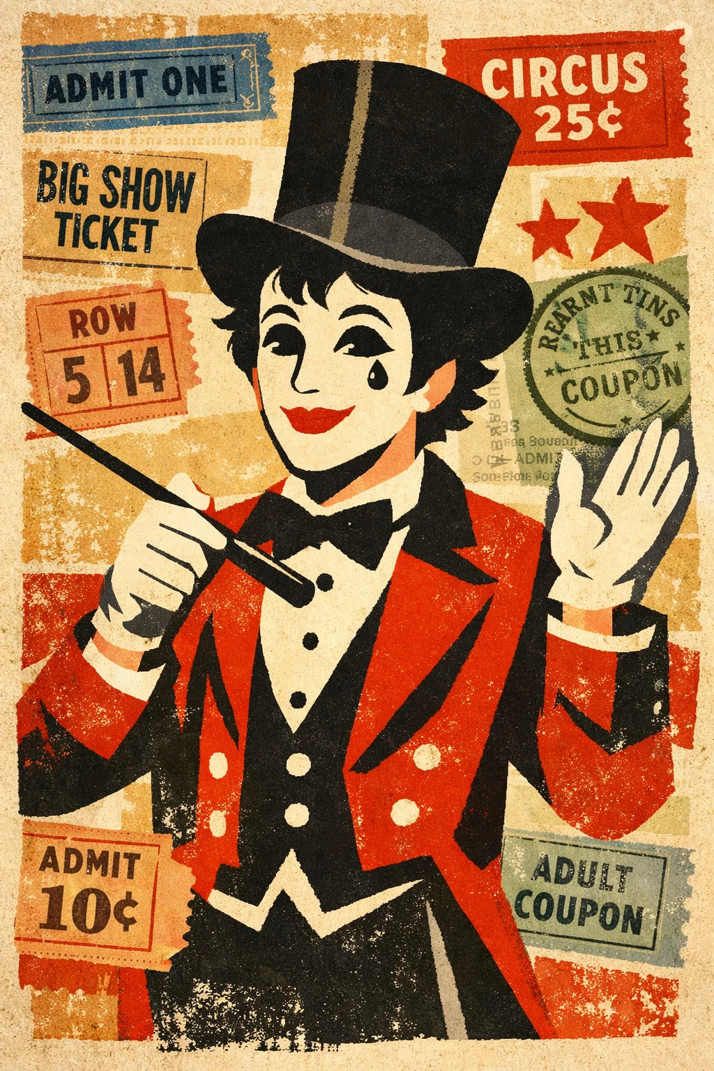 Example output from the Vintage Character Portrait Posters ChatGPT prompt: a retro collage portrait of a mime in a top hat and red tailcoat over circus ticket stubs.