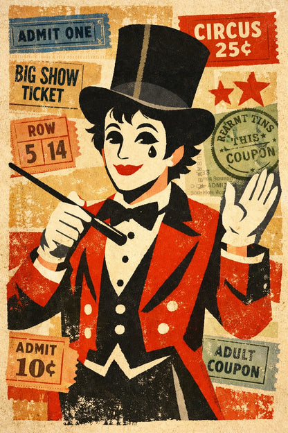 Example output from the Vintage Character Portrait Posters ChatGPT prompt: a retro collage portrait of a mime in a top hat and red tailcoat over circus ticket stubs.