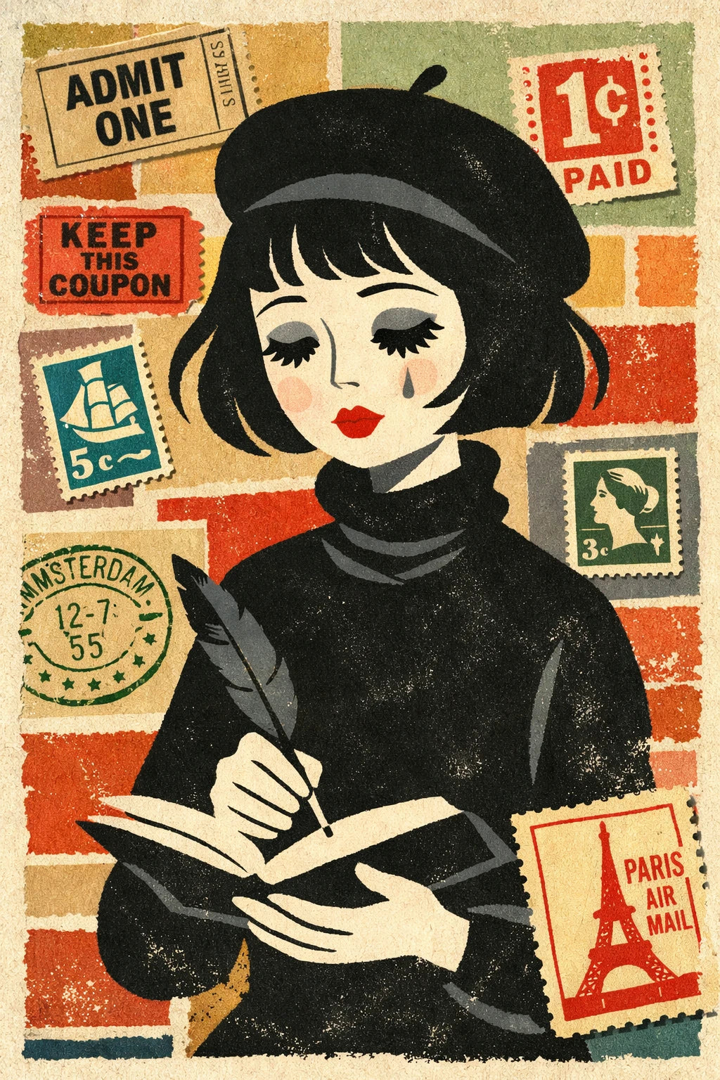 Example output from the Vintage Character Portrait Posters ChatGPT prompt: a retro collage portrait of a porcelain doll in a beret writing with a quill over Paris air mail stamps.