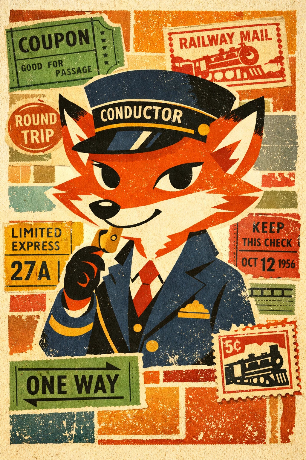 Example output from the Vintage Character Portrait Posters ChatGPT prompt: a retro collage portrait of a red fox character with bold shapes, collage textures and vintage ticket ephemera.