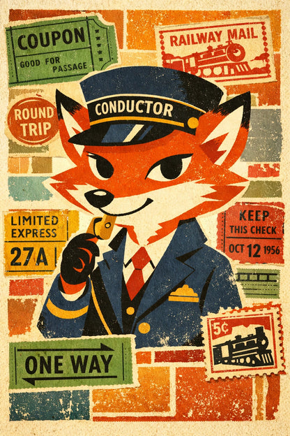Example output from the Vintage Character Portrait Posters ChatGPT prompt: a retro collage portrait of a red fox character with bold shapes, collage textures and vintage ticket ephemera.
