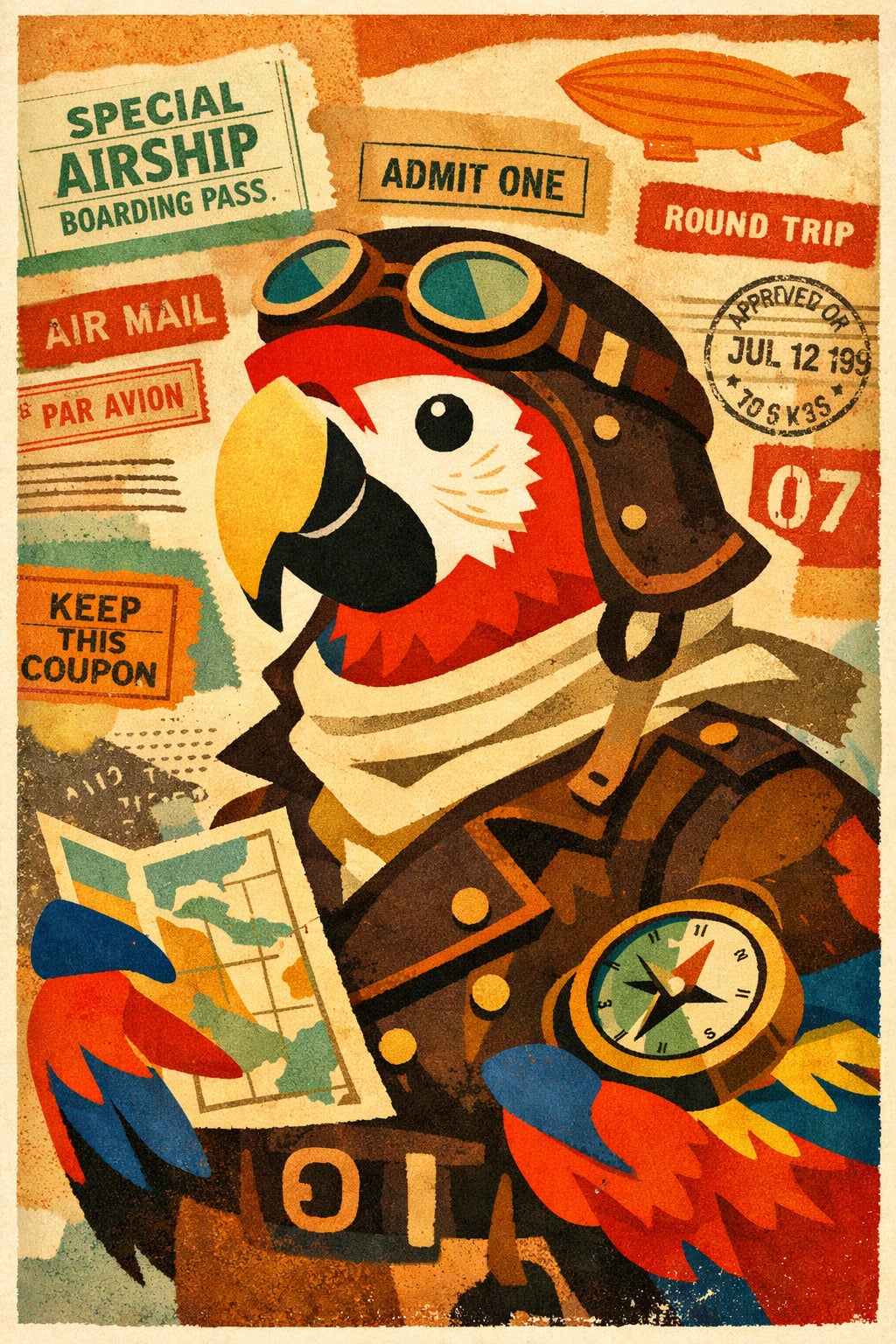 Example output from the Vintage Character Portrait Posters ChatGPT prompt: a retro collage portrait of a scarlet macaw aviator in a leather flight cap over airship boarding passes.