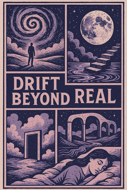 Example output from the Vintage Framed Scene Posters ChatGPT prompt: retro poster illustrations with stylized scenes, framed titles, and expressive taglines—ideal for screen-printed merchandise and visual storytelling. Drift Beyond Real.