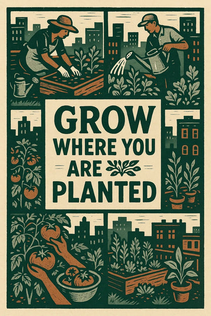 Example output from the Vintage Framed Scene Posters ChatGPT prompt: retro poster illustrations with stylized scenes, framed titles, and expressive taglines—ideal for screen-printed merchandise and visual storytelling. Grow Where You Are Planted.