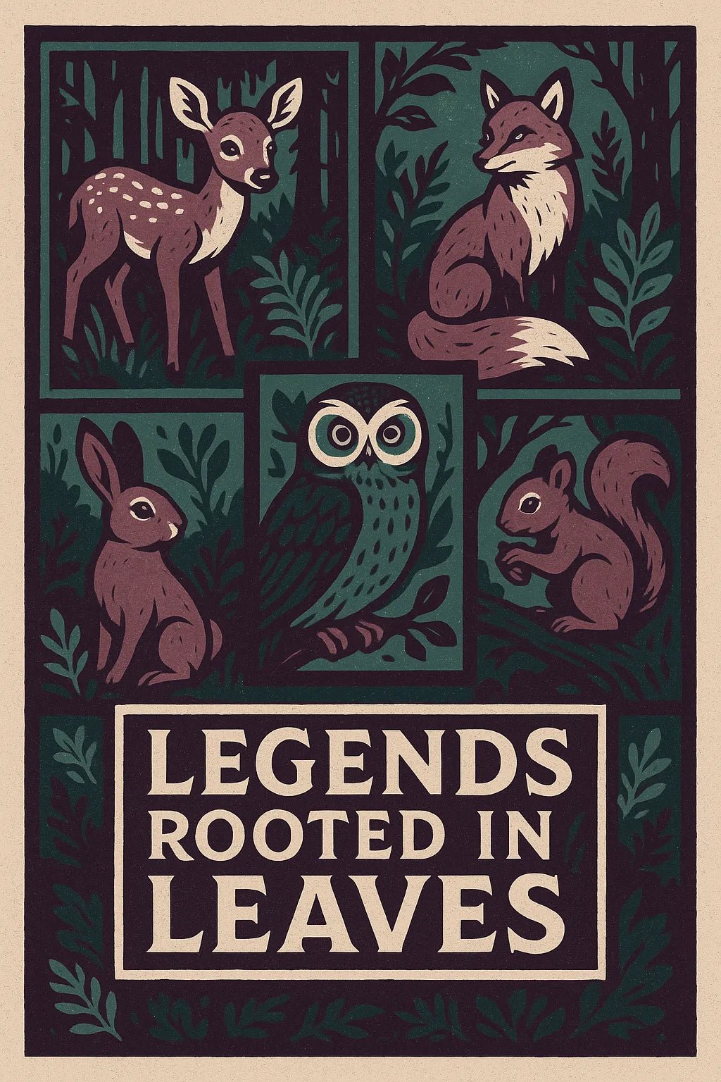 Example output from the Vintage Framed Scene Posters ChatGPT prompt: retro poster illustrations with stylized scenes, framed titles, and expressive taglines—ideal for screen-printed merchandise and visual storytelling. Legends Rooted in Leaves.