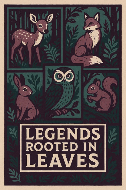 Example output from the Vintage Framed Scene Posters ChatGPT prompt: retro poster illustrations with stylized scenes, framed titles, and expressive taglines—ideal for screen-printed merchandise and visual storytelling. Legends Rooted in Leaves.