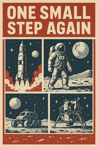 Example output from the Vintage Framed Scene Posters ChatGPT prompt: retro poster illustrations with stylized scenes, framed titles, and expressive taglines—ideal for screen-printed merchandise and visual storytelling. One Small Step Again.