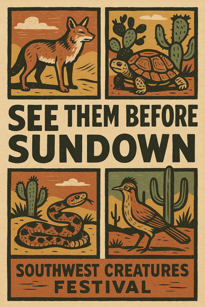 Example output from the Vintage Framed Scene Posters ChatGPT prompt: retro poster illustrations with stylized scenes, framed titles, and expressive taglines—ideal for screen-printed merchandise and visual storytelling. See Them Before Sundown.