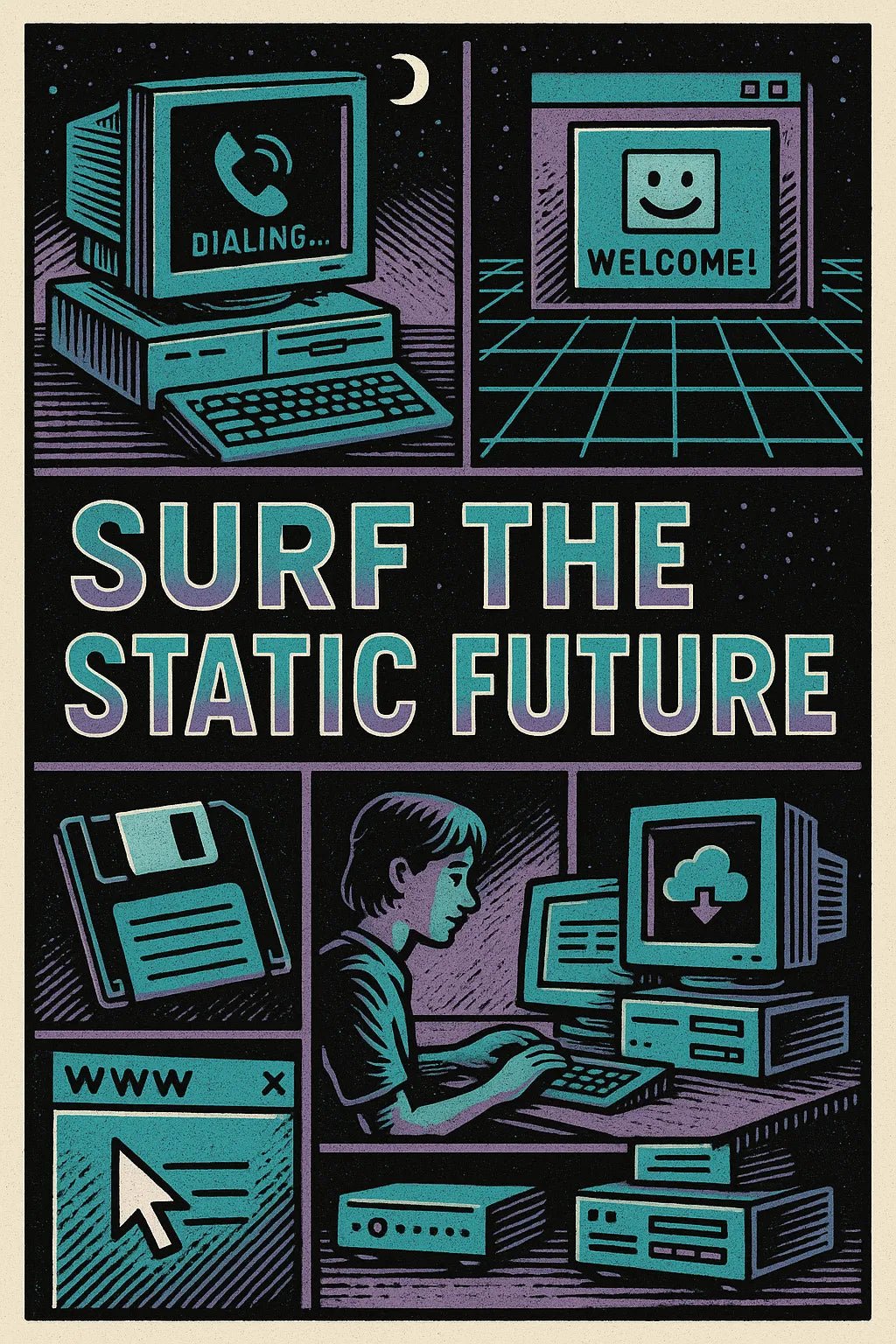 Example output from the Vintage Framed Scene Posters ChatGPT prompt: retro poster illustrations with stylized scenes, framed titles, and expressive taglines—ideal for screen-printed merchandise and visual storytelling. Surf The Static Future.