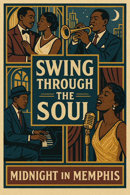 Example output from the Vintage Framed Scene Posters ChatGPT prompt: retro poster illustrations with stylized scenes, framed titles, and expressive taglines—ideal for screen-printed merchandise and visual storytelling. Swing Through The Soul.