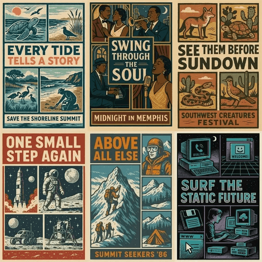 Example output from the Vintage Framed Scene Posters ChatGPT prompt: retro poster illustrations with stylized scenes, framed titles, and expressive taglines—ideal for screen-printed merchandise and visual storytelling.