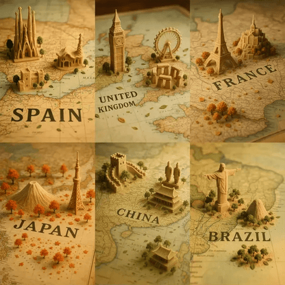 Example output of hyper-realistic vintage map photos generated by a ChatGPT prompt template, featuring portrait-oriented maps with sand-sculpted miniatures of landmarks (Sagrada Familia, Big Ben, Eiffel Tower, Mount Fuji, Great Wall, Christ the Redeemer), accented by tiny trees, scattered leaves, and warm lighting.