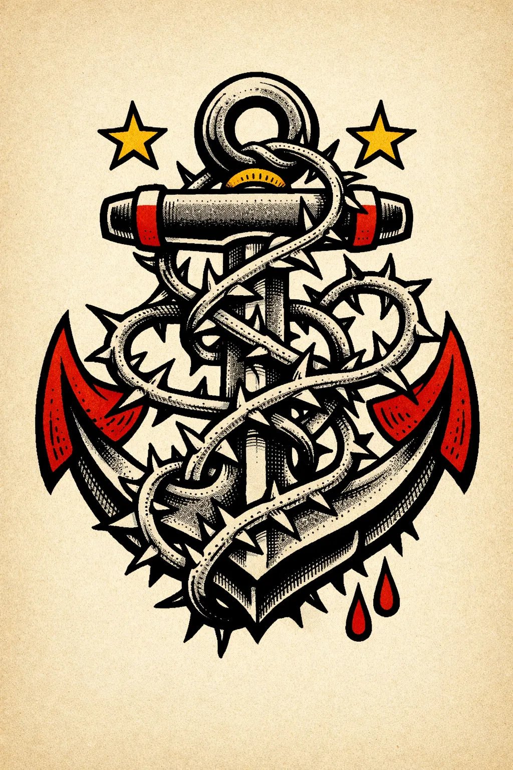 Traditional vintage flash tattoo in bold old-school style on aged paper featuring Anchor