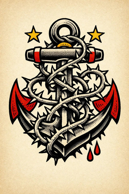 Traditional vintage flash tattoo in bold old-school style on aged paper featuring Anchor