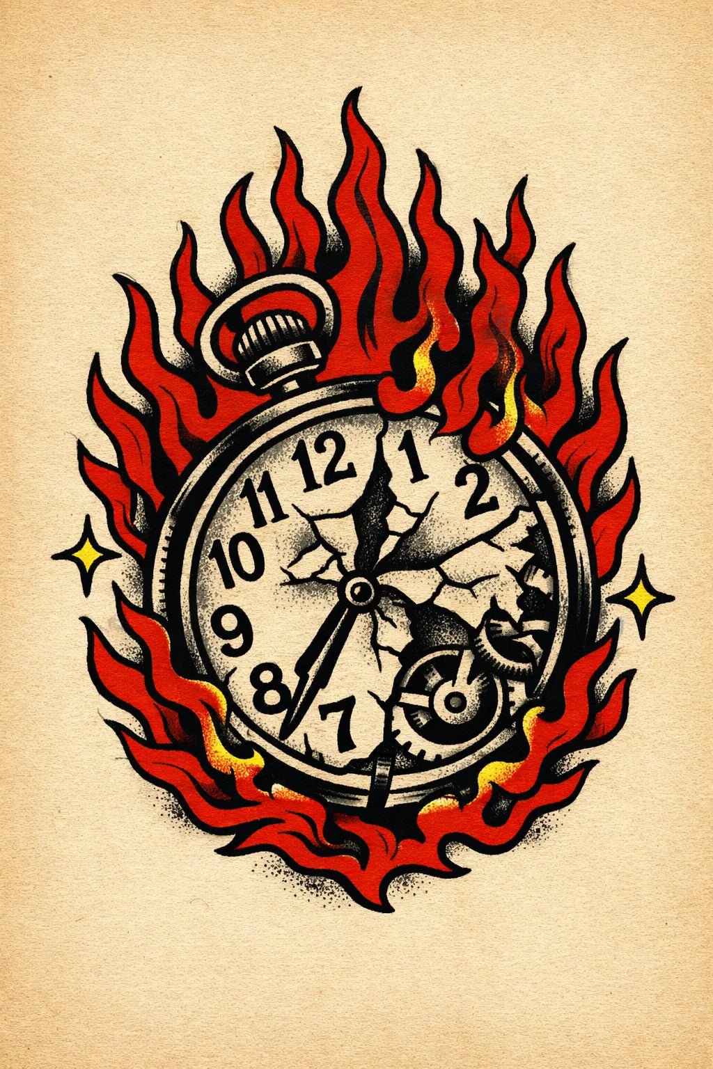 Traditional vintage flash tattoo in bold old-school style on aged paper featuring Flaming Clock