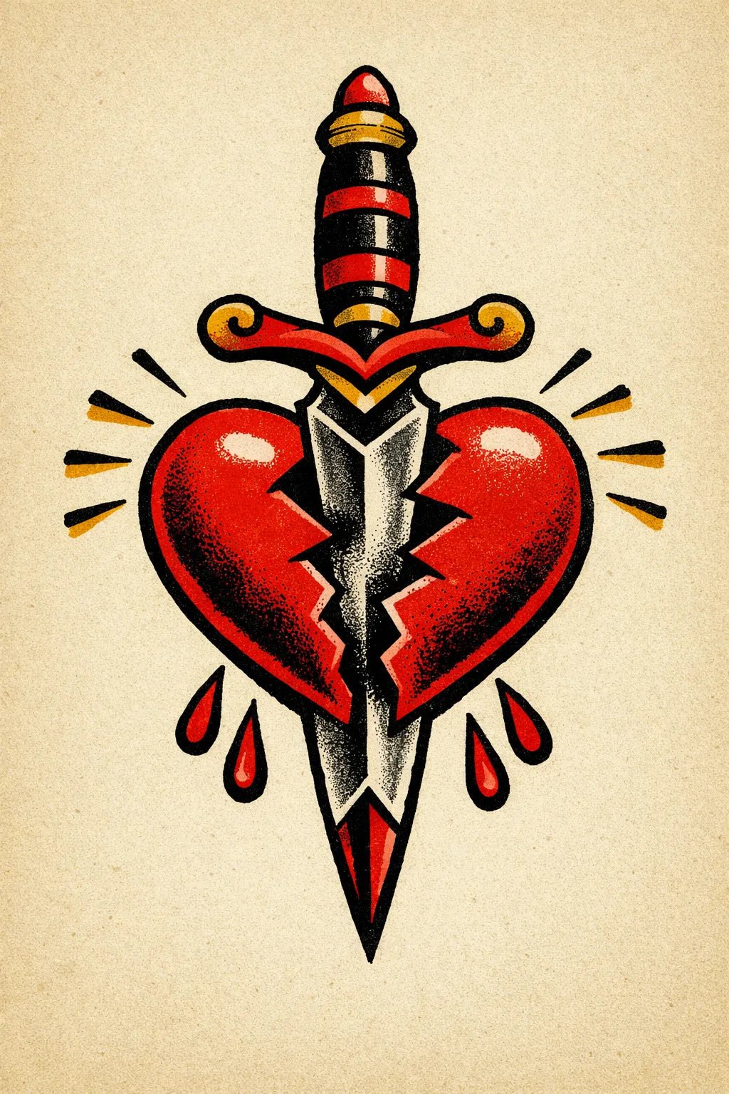 Traditional vintage flash tattoo in bold old-school style on aged paper featuring Broken Heart