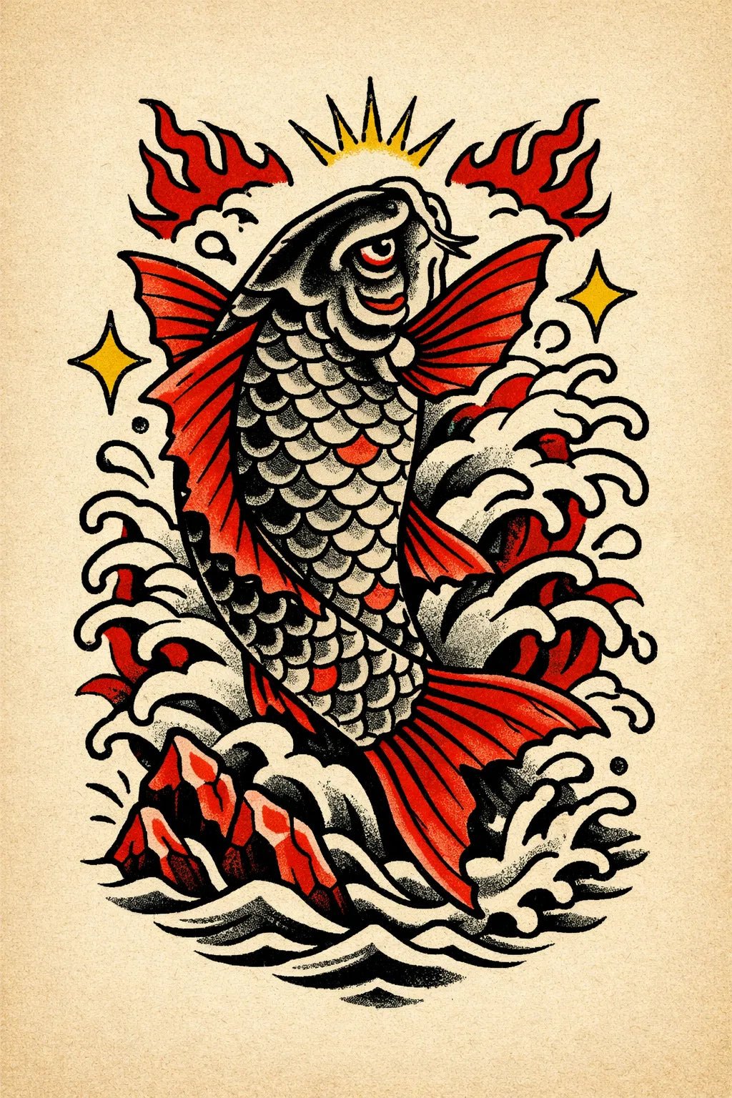 Traditional vintage flash tattoo in bold old-school style on aged paper featuring Koi Fish