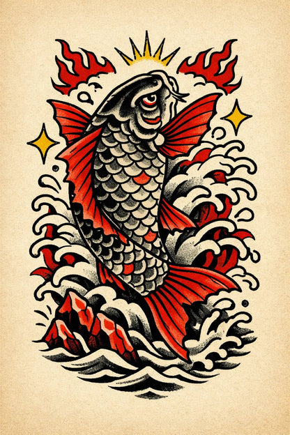 Traditional vintage flash tattoo in bold old-school style on aged paper featuring Koi Fish