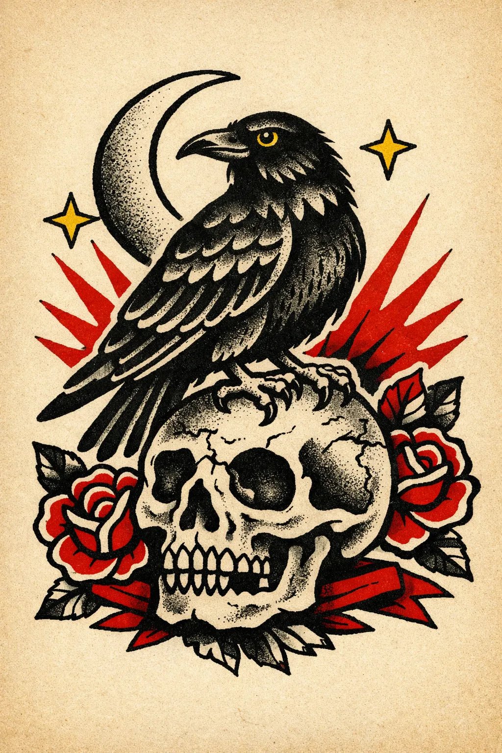 Traditional vintage flash tattoo in bold old-school style on aged paper featuring Raven on Skull