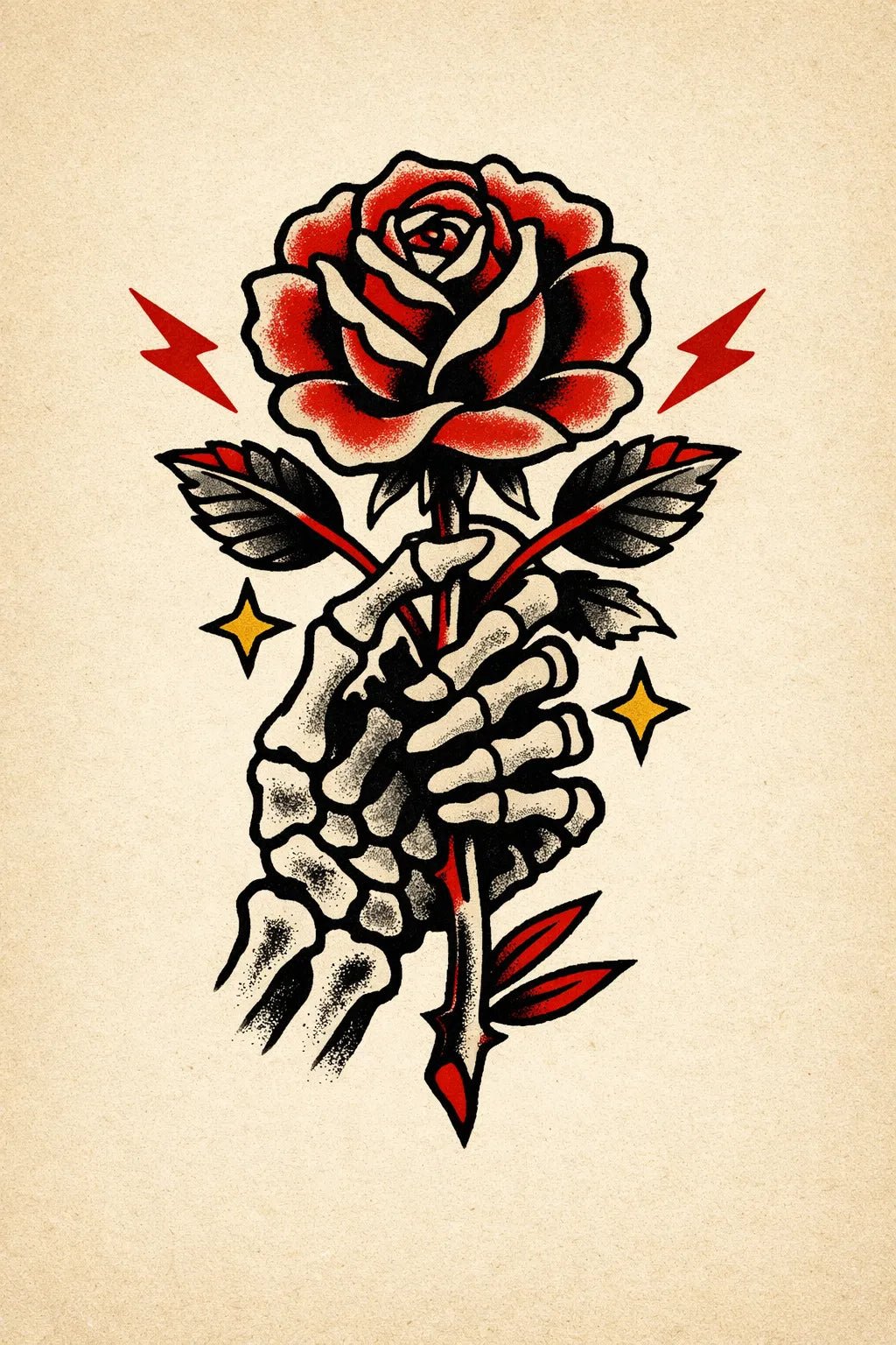 Traditional vintage flash tattoo in bold old-school style on aged paper featuring Rose
