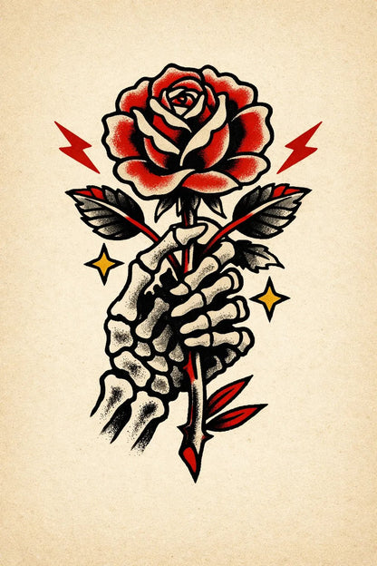 Traditional vintage flash tattoo in bold old-school style on aged paper featuring Rose