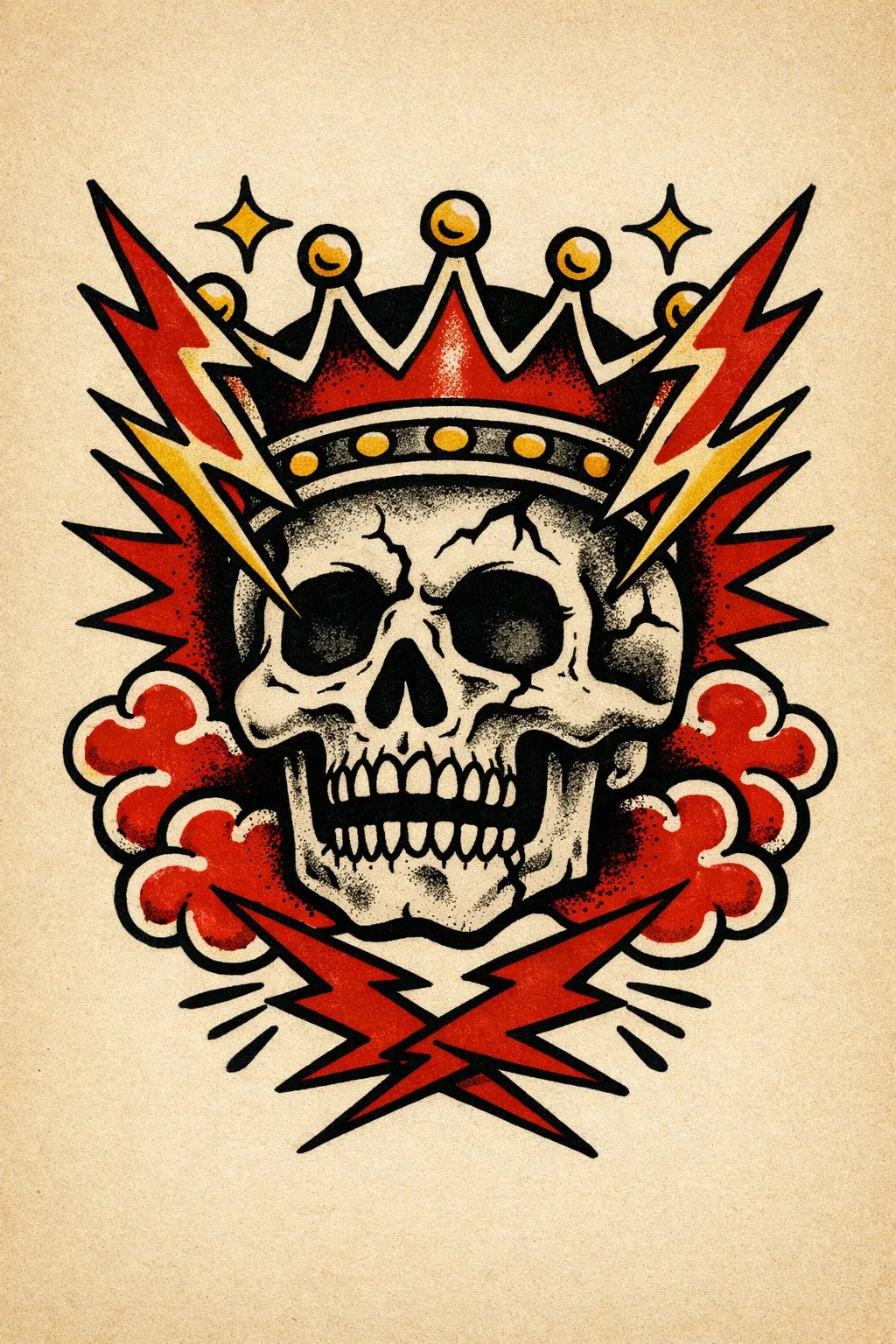 Traditional vintage flash tattoo in bold old-school style on aged paper featuring Crowned Skull