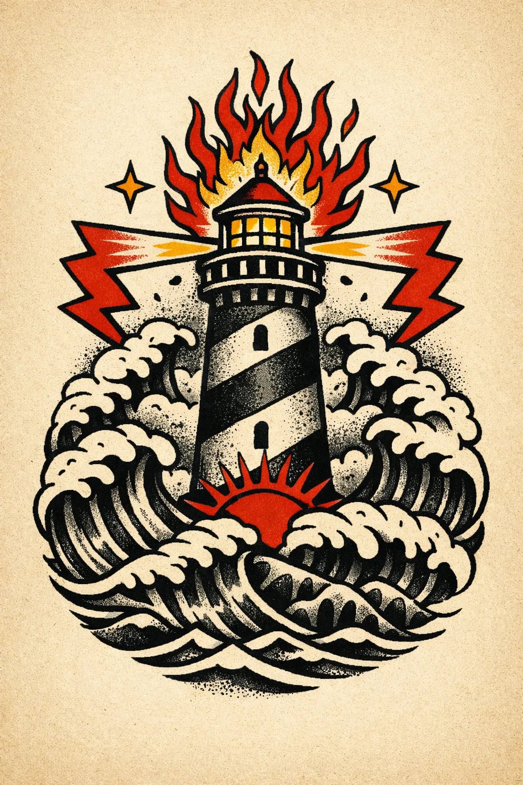 Traditional vintage flash tattoo in bold old-school style on aged paper featuring Tower