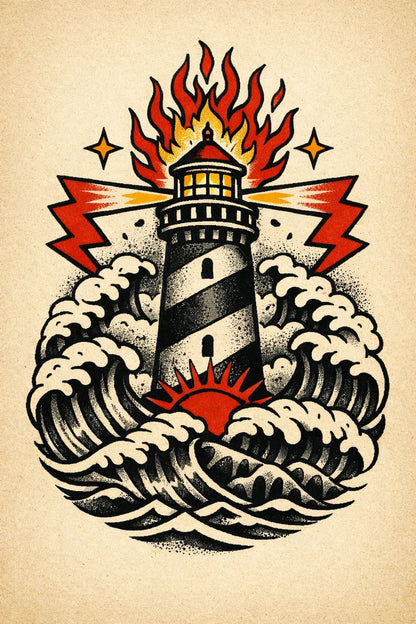Traditional vintage flash tattoo in bold old-school style on aged paper featuring Tower