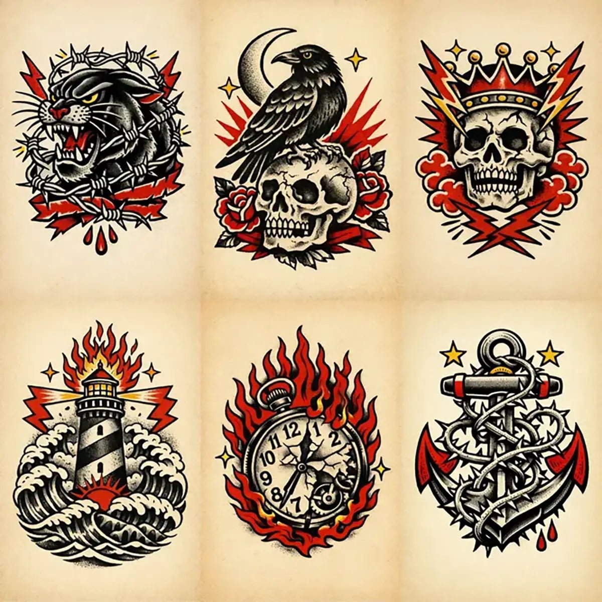 Traditional vintage tattoo flash sheet featuring skulls, panther, raven, lighthouse, anchor, and flaming pocket watch in bold old-school style on aged paper.