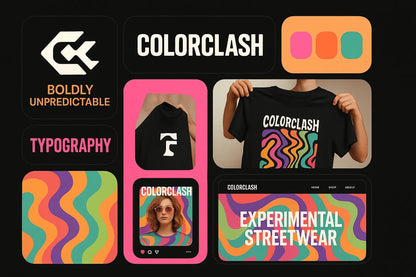 Example output from the Visual Brand Identity Grid Boards ChatGPT prompt: modular grid layouts featuring logos, type styles, palettes, and app mockups—mimicking creative pitch decks for brand strategy presentations. COLORCLASH.