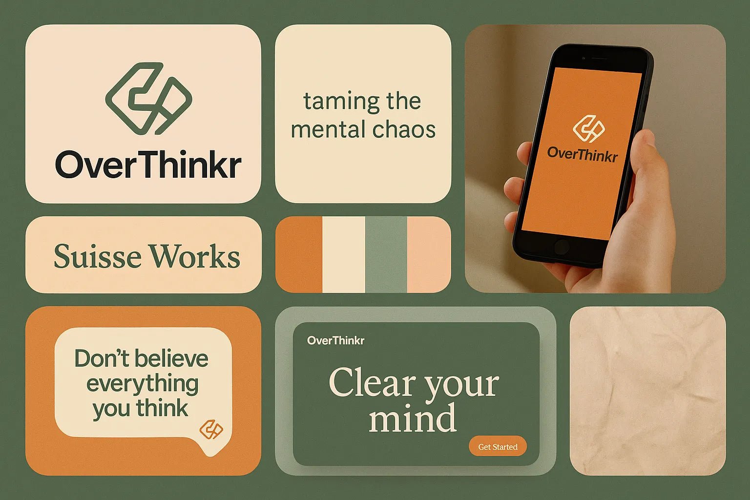 Example output from the Visual Brand Identity Grid Boards ChatGPT prompt: modular grid layouts featuring logos, type styles, palettes, and app mockups—mimicking creative pitch decks for brand strategy presentations. OverThinkr.