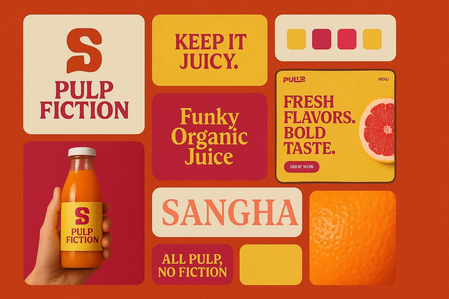 Example output from the Visual Brand Identity Grid Boards ChatGPT prompt: modular grid layouts featuring logos, type styles, palettes, and app mockups—mimicking creative pitch decks for brand strategy presentations. Pulp Fiction.
